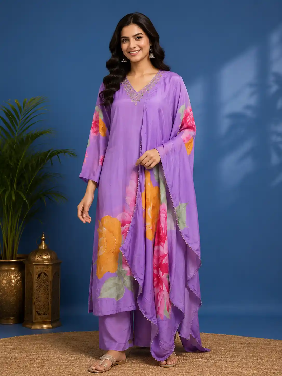 Lavender Floral Designed Semi Silk Straight Cut Salwar Suit